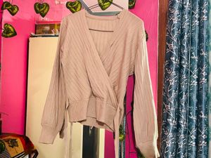 Beige Ribbed Wrap Knit Sweater