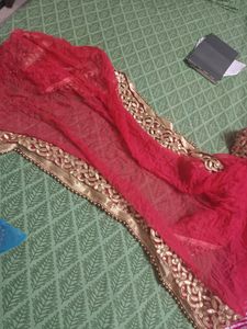 Graceful Red Duppta With Golden Pearls