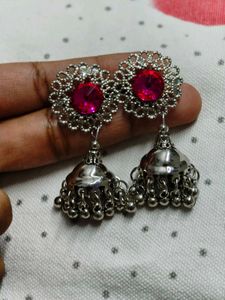 Silver Megenta Pink Stone Jhumka Earrings