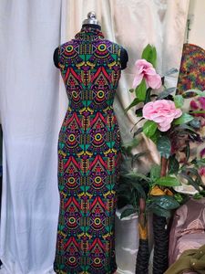 Vibrant Geometric Print Mock Neck Dress