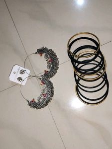 Oxidized Peacock Hoop Earrings & Black Bangles🎉🎊