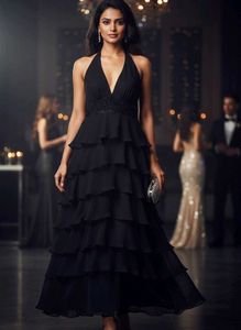 Elegant Black Halter-Neck Tiered Chiffon Gown