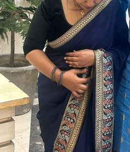 Pretty Navy Blue Plain Saree With Border
