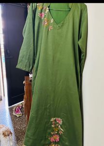 Olive Green Embroidered Kurti Set