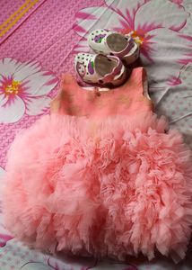 Pink Colour Baby Frock And White Pink Colour Slipers
