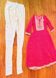 Pink Embroidered Kurti with White Leggings