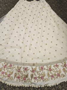 Off White Silk Lehenga With Pink Bandhani Dupatat