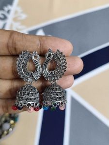 Silver Peacock Jhumka Earrings