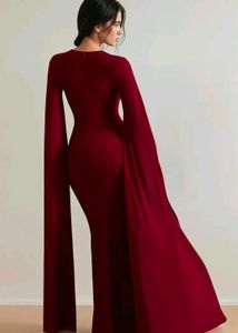 Elegant Maroon Extended Cape Sleeve Maxi Dress