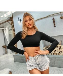 Urbanic Solid Women Round Neck Black Top