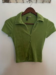 Green Velvet Button-Up Top