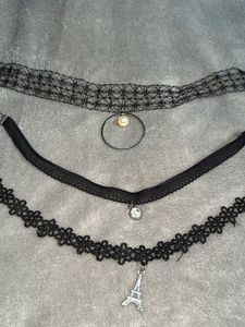Set Of 3 Black Choker Strings &amp; silver Anklets