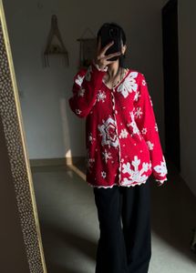 CLASSICS RED SNOWFLAKES PEARL DESIGN CARDIGAN
