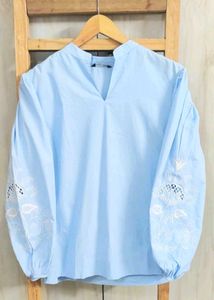 Chic Blue Embroidered Sleeve Top size-42