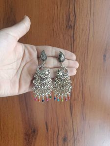 Silver Peacock Drop Earrings