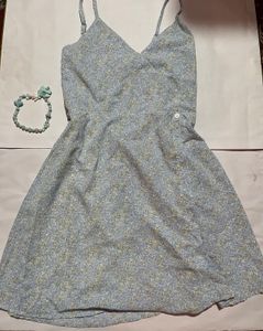 Light Blue Floral Dress With Spaghetti Strap