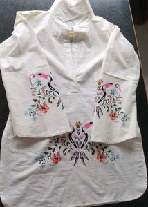 Full Stitched White Tunic Kurti with Toucan Print