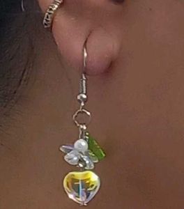 Handmade Shiny Heart Earrings with Flower and Leaf