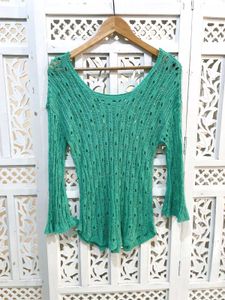 Boho Open Knit Bell Sleeve Pullover B