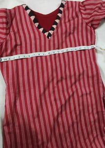 XL Red-Maroon Semi Silk Striped Kurta