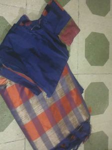 Orange And Blue Color Cotan Sadi With Baluse