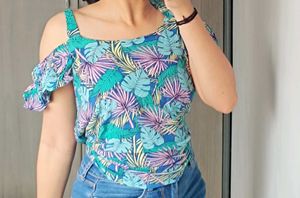 Tropical Print Cold Shoulder Top