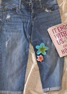 Ripped Denim Capri Shorts