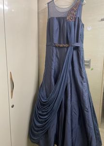 Stunning Metallic Grey Evening Gown With Drape