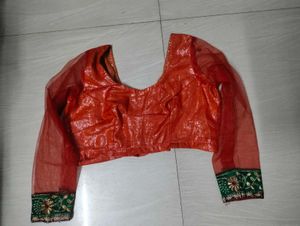 Embroidered Orange &amp; Green Saree Fabric