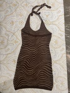 Brown Zebra Knit Halter Mini Dress