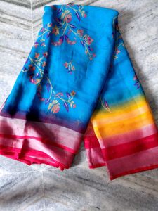 Floral Print Saree - Vibrant Blue