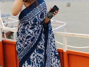 Cotton Indigo Saree Without Blouse