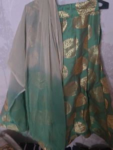 Indo Westen Banarasi Silk Skirt And Long Net Shrug