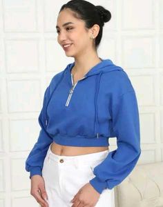 Blue Cropped Zip Hoodie