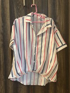 A white with colour striped shirt for women