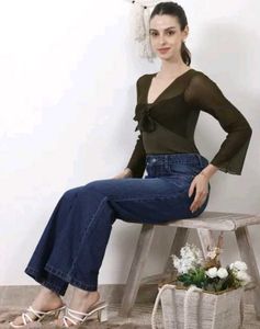 Shein Bell Sleeve Mesh Overlay Front Tie-Up Leotar