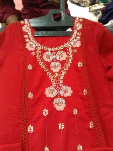 Red Embroidered Kurta Set