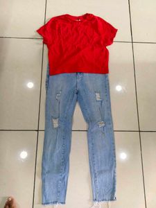 Red Tee &amp; Distressed Jeans Set