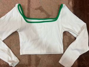White Long Sleeve Top with Green Trim