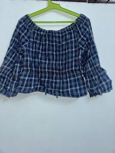 Blue Plaid Off-Shoulder Top