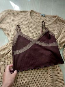H&amp;m Brown Tank and a beige Net Top Set.