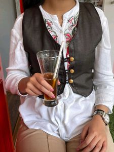 Upcycled Brown Embroidered Three ButtonVest