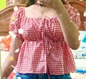 Red Gingham Puff Sleeve Top