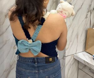 Blue &amp; cream colour blocked top with bows