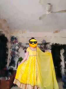 Yellow Anarkali Dress With Net Duppata &amp; Pant
