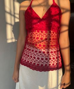 chatpate  red Floral Lace Halter Top