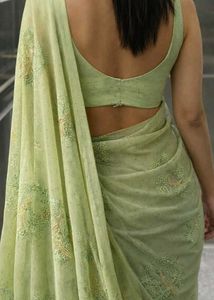 Green sequins work saree with padded blouse