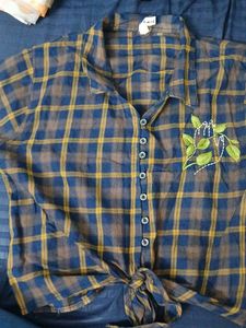 Embroidered Tie-Front Plaid Top