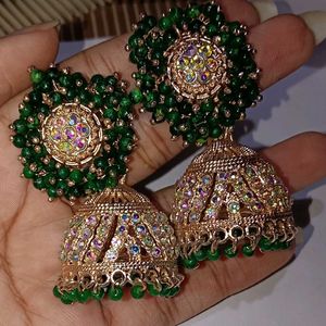 Traditional Green Beaded Jhumka Earrings withstone