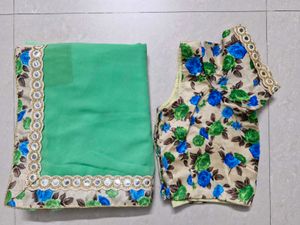 Beautiful Green Saree With Stitched Blouse